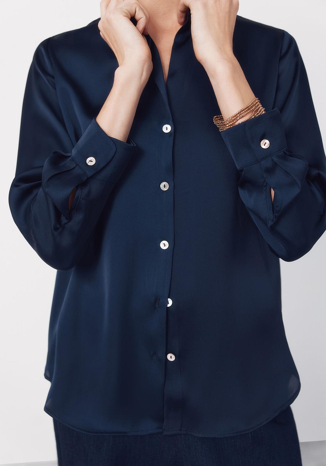 Cortefiel Satin Finish V Neck Shirt - Blue 4 Shaws Department Stores