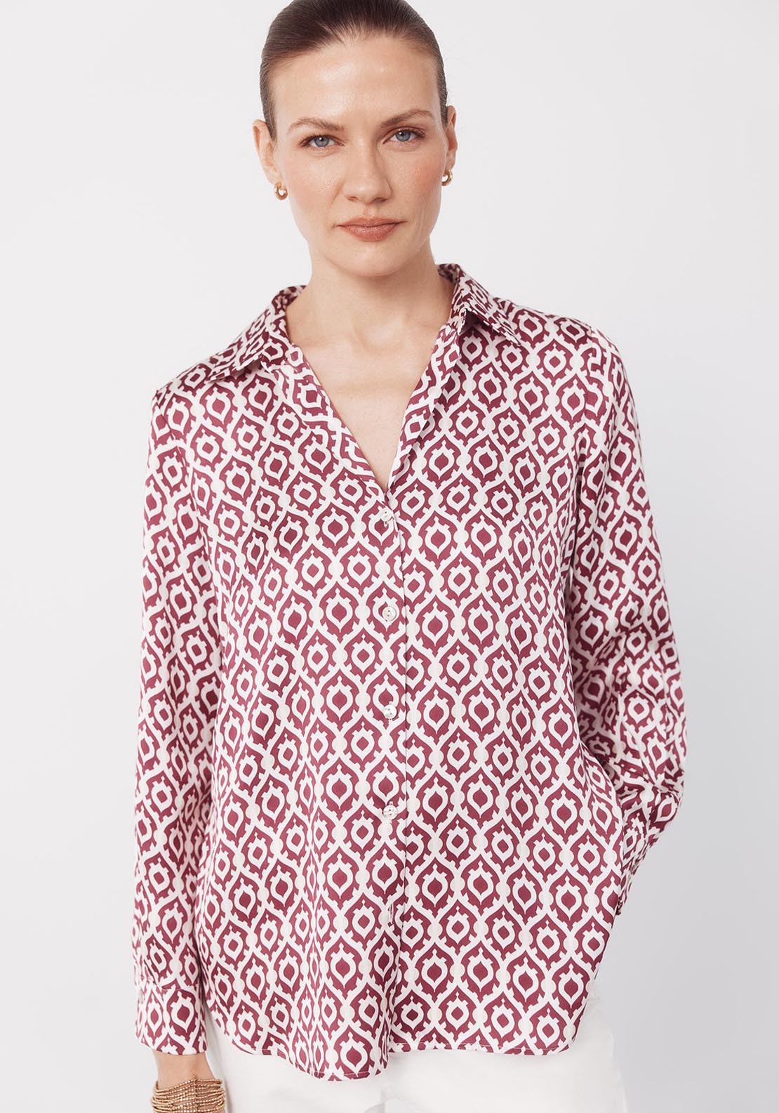 Cortefiel Satin Finish V Neck Shirt - Purple 1 Shaws Department Stores