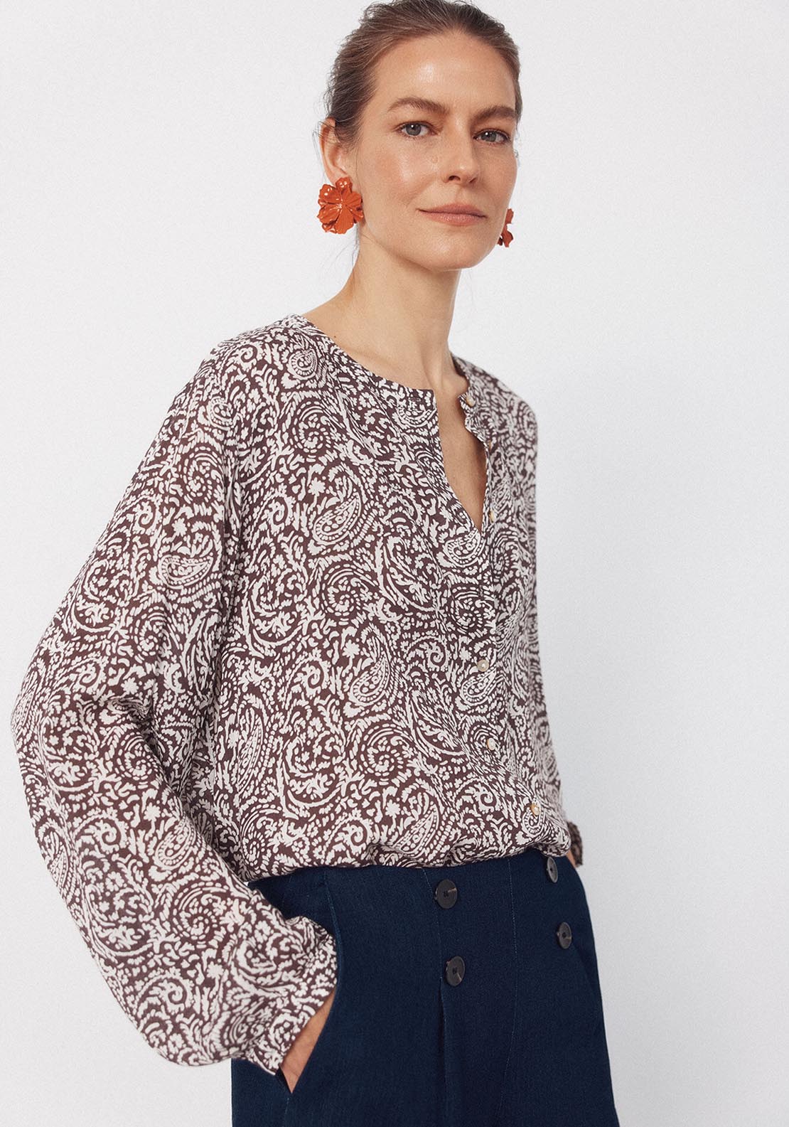 Round Neck Blouse - Brown