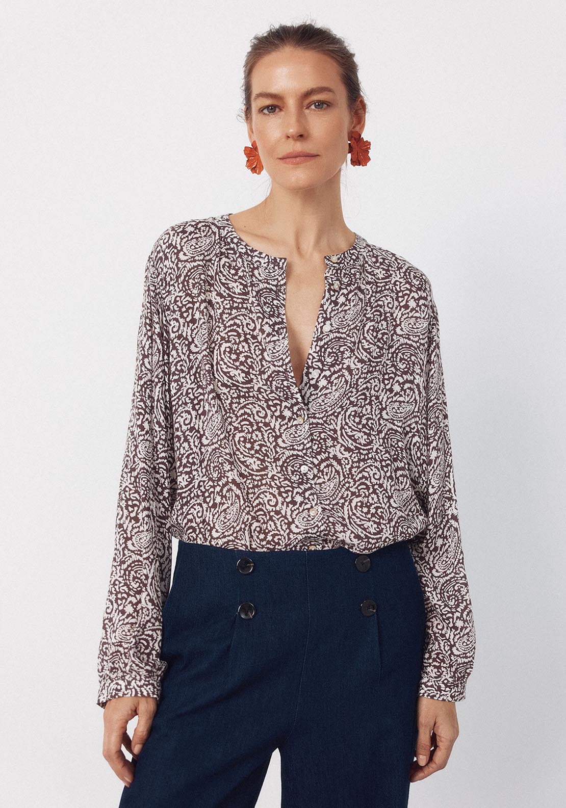 Round Neck Blouse - Brown