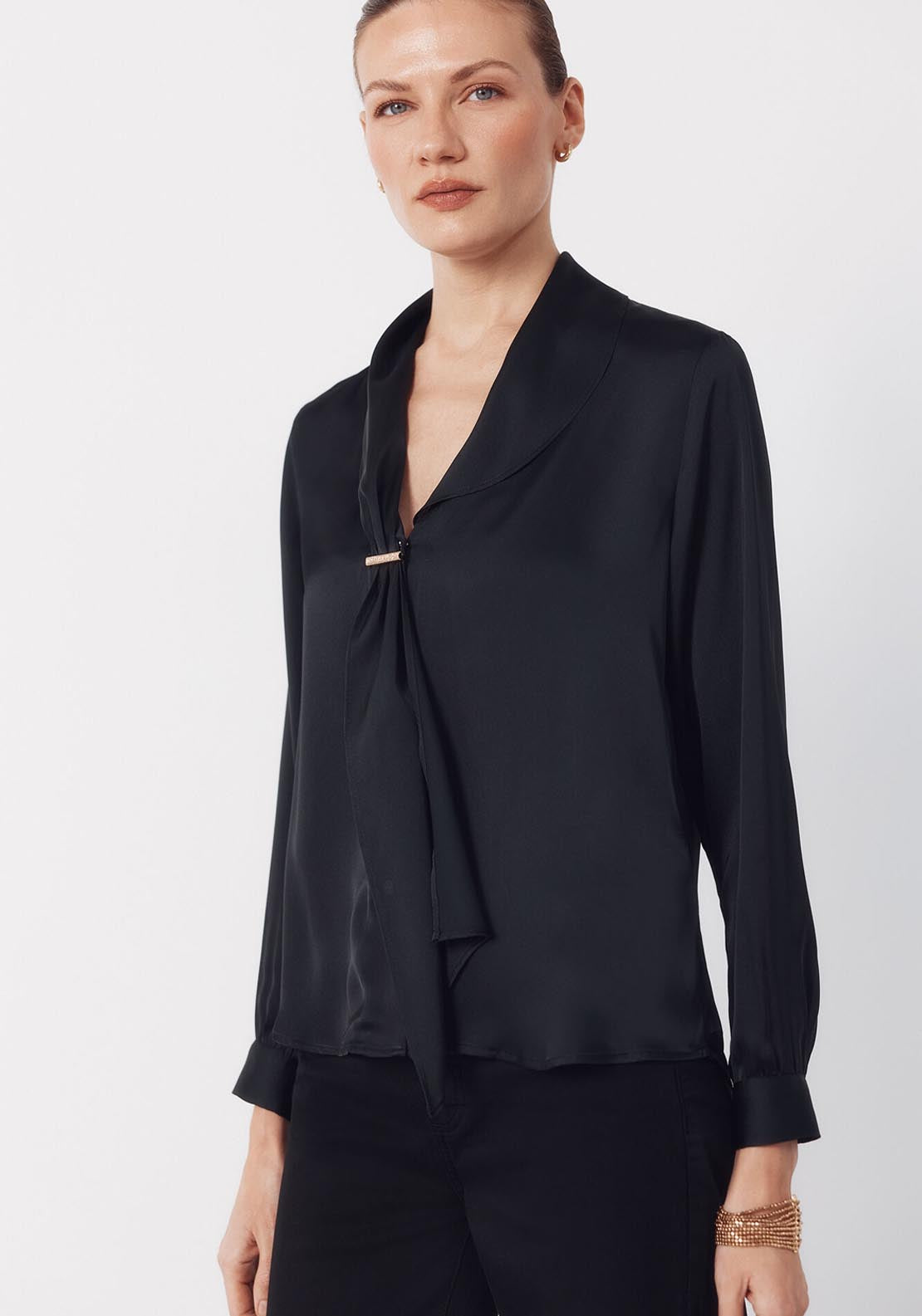 Satin Blouse With Bow - Black