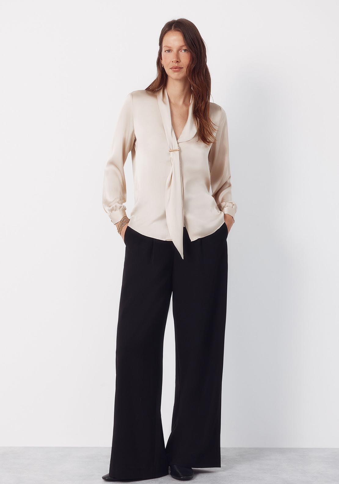 Satin Blouse With Bow - Brown