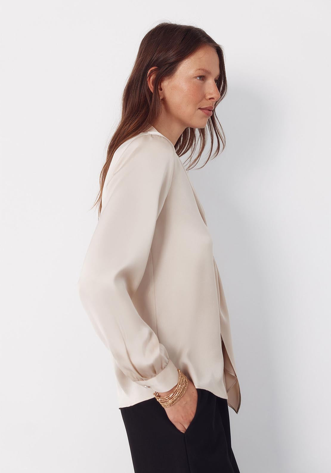 Satin Blouse With Bow - Brown