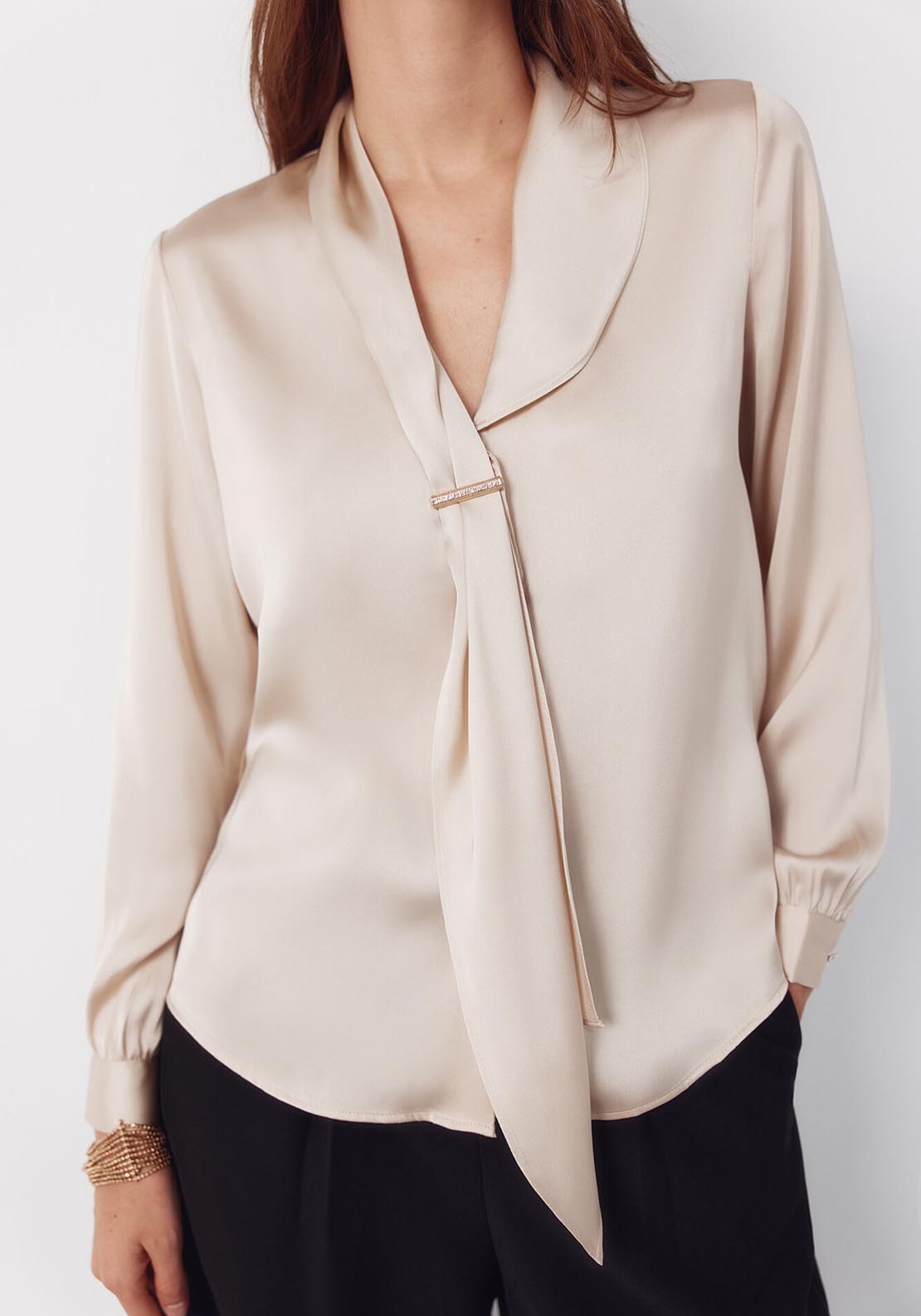 Satin Blouse With Bow - Brown