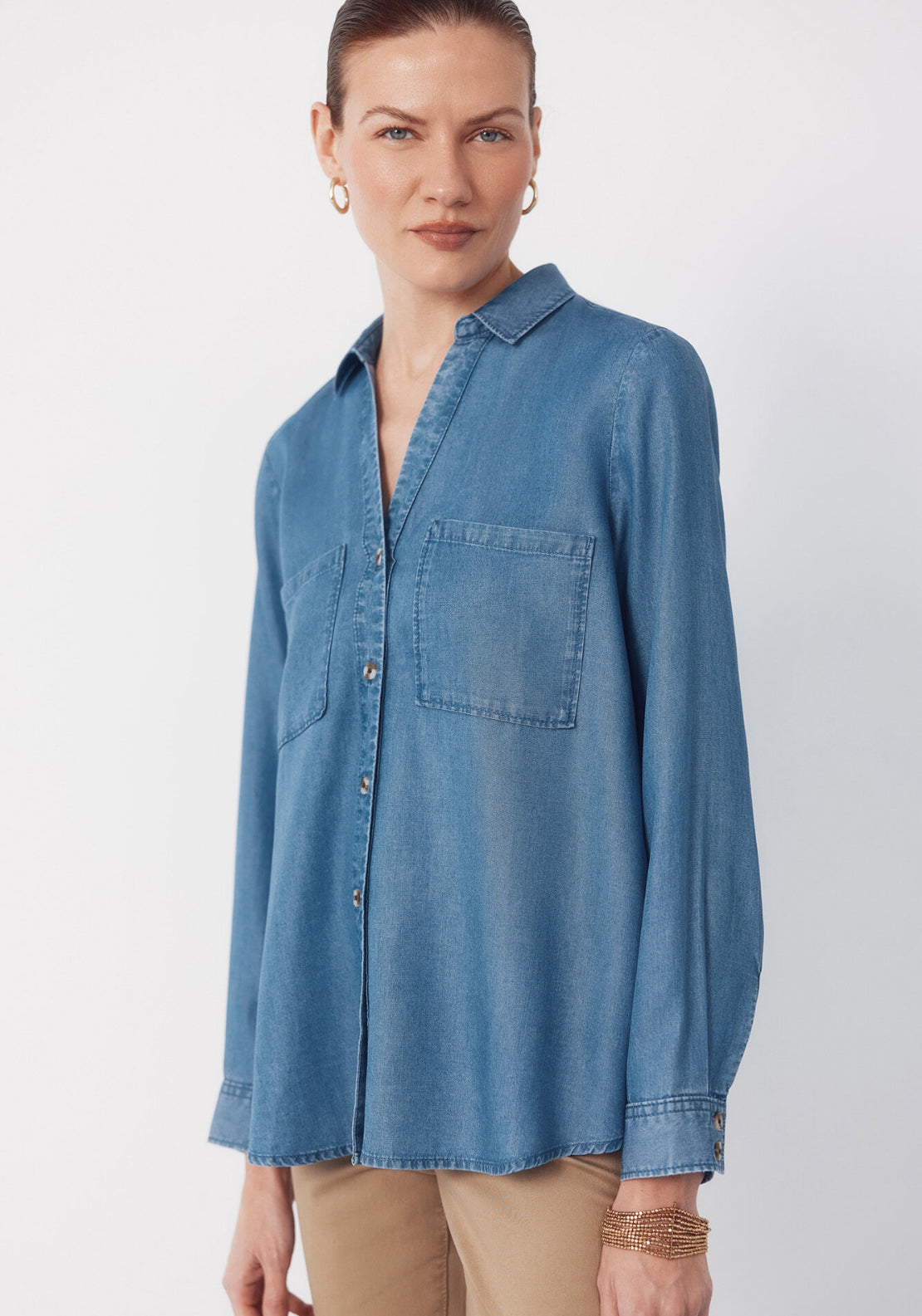 Cortefiel Tencel Denim Shirt - Blue 1 Shaws Department Stores