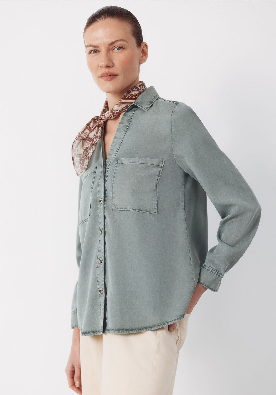 Cortefiel Tencel Denim Shirt - Green 3 Shaws Department Stores