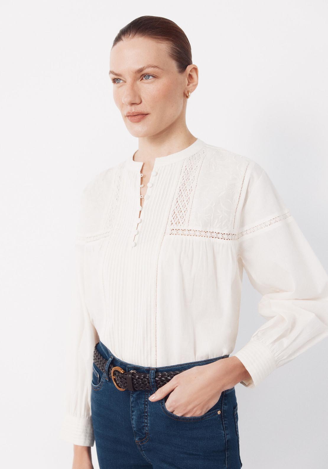 Cortefiel Embroidered Round Neck Blouse - Cream 1 Shaws Department Stores