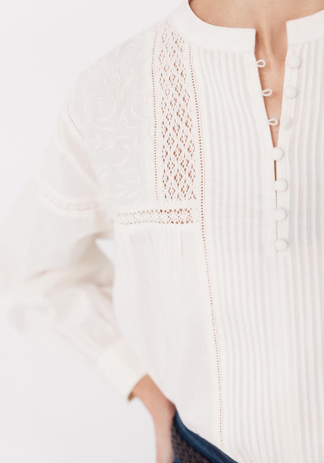 Cortefiel Embroidered Round Neck Blouse - Cream 4 Shaws Department Stores