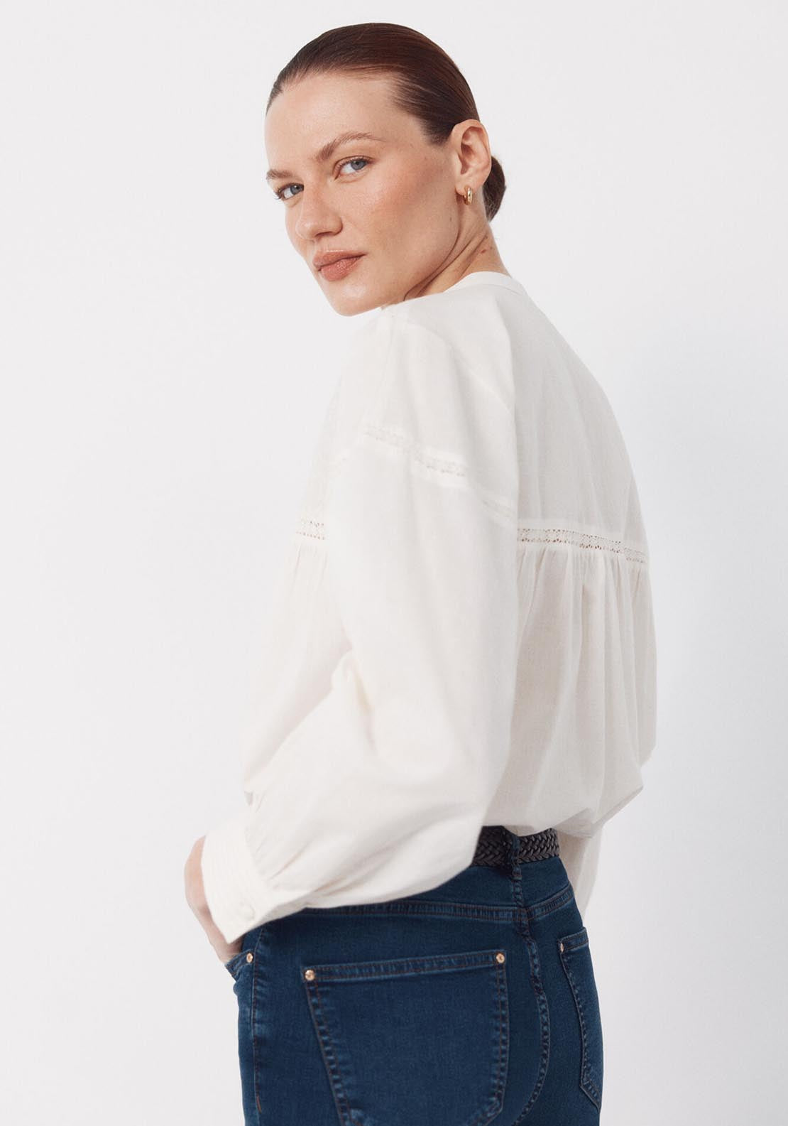 Cortefiel Embroidered Round Neck Blouse - Cream 2 Shaws Department Stores
