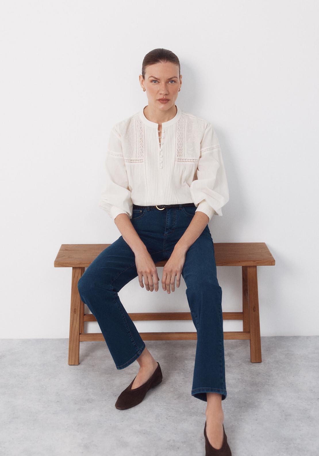 Cortefiel Embroidered Round Neck Blouse - Cream 6 Shaws Department Stores