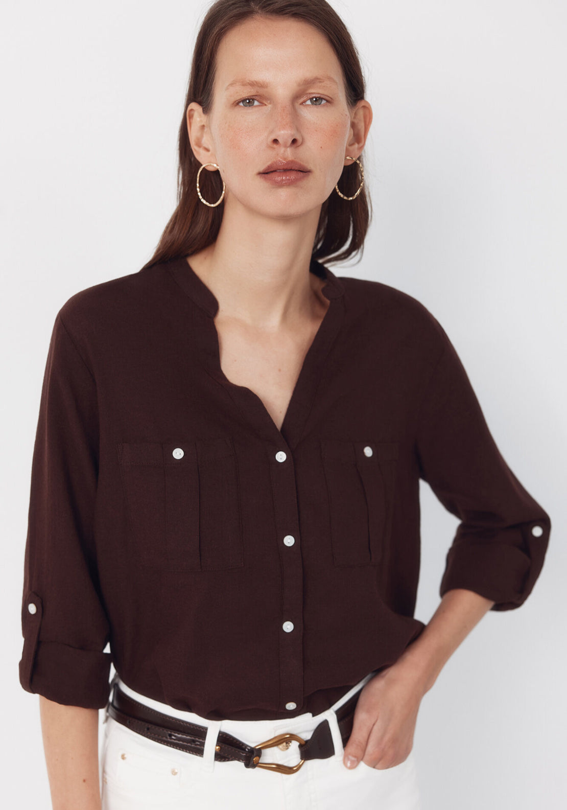 Cortefiel Linen Blend Rustic Long Sleeved Shirt - Dark Brown 1 Shaws Department Stores