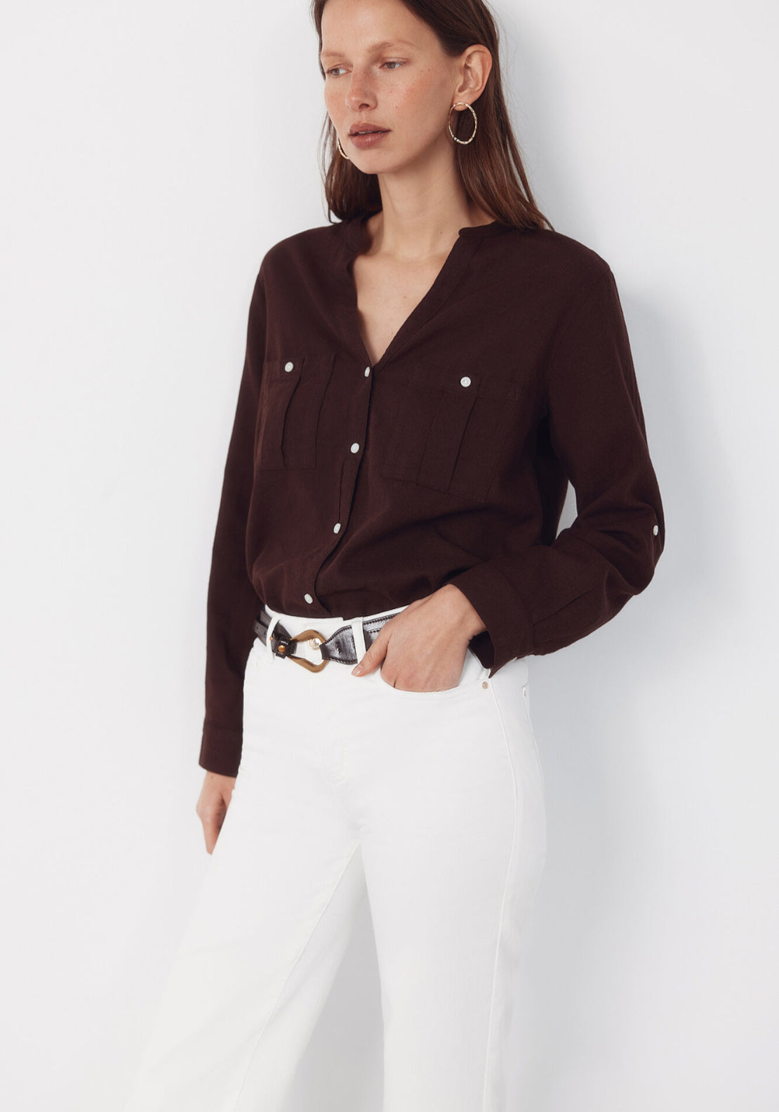 Cortefiel Linen Blend Rustic Long Sleeved Shirt - Dark Brown 3 Shaws Department Stores