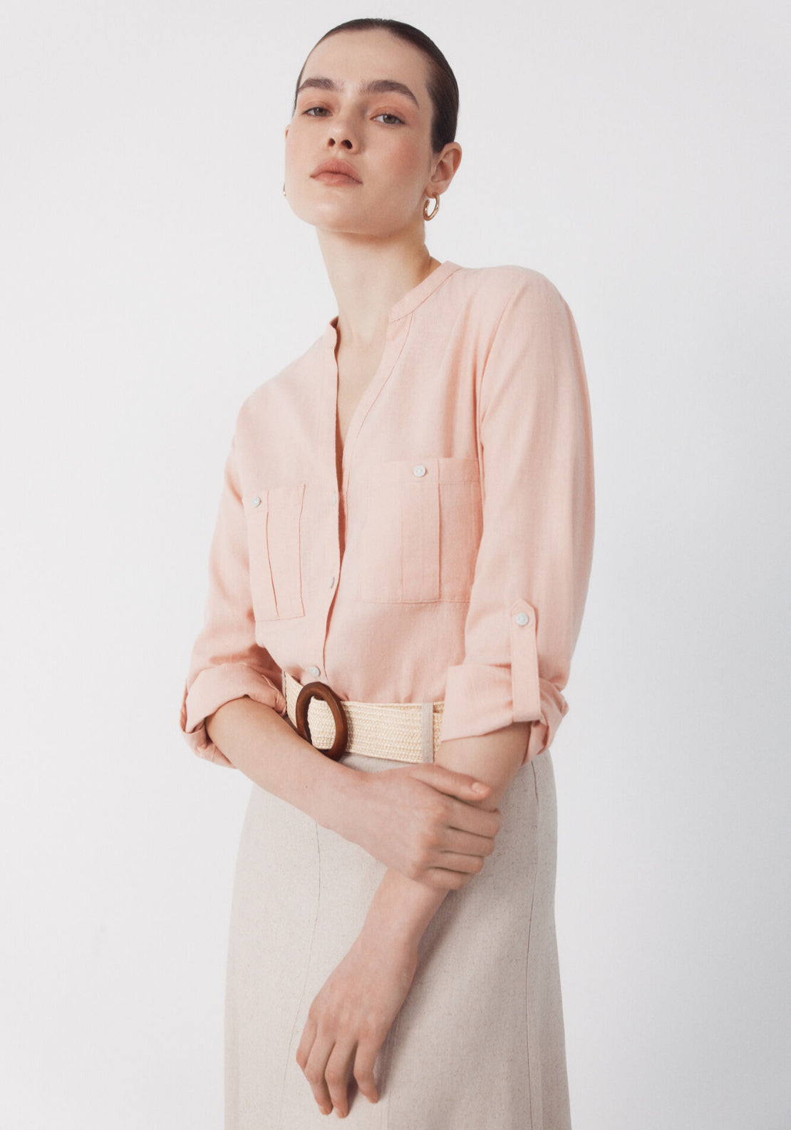 Cortefiel Linen Blend Rustic Long Sleeved Shirt - Pink 1 Shaws Department Stores