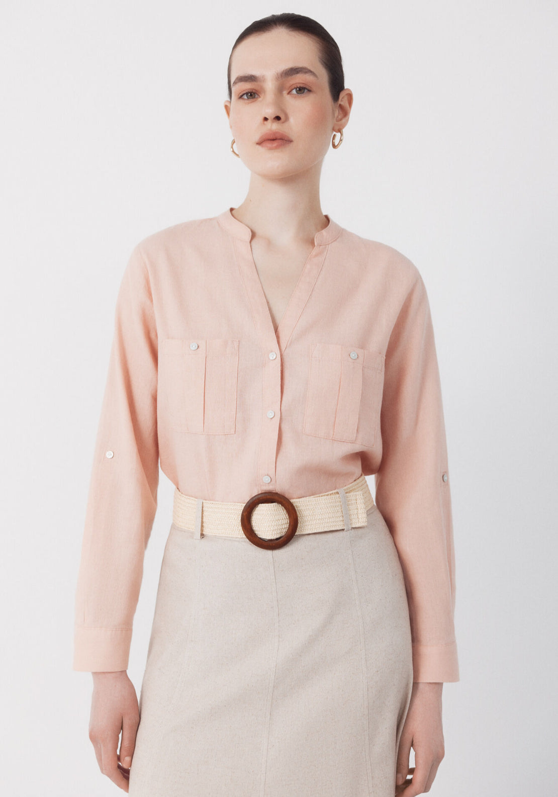 Cortefiel Linen Blend Rustic Long Sleeved Shirt - Pink 3 Shaws Department Stores