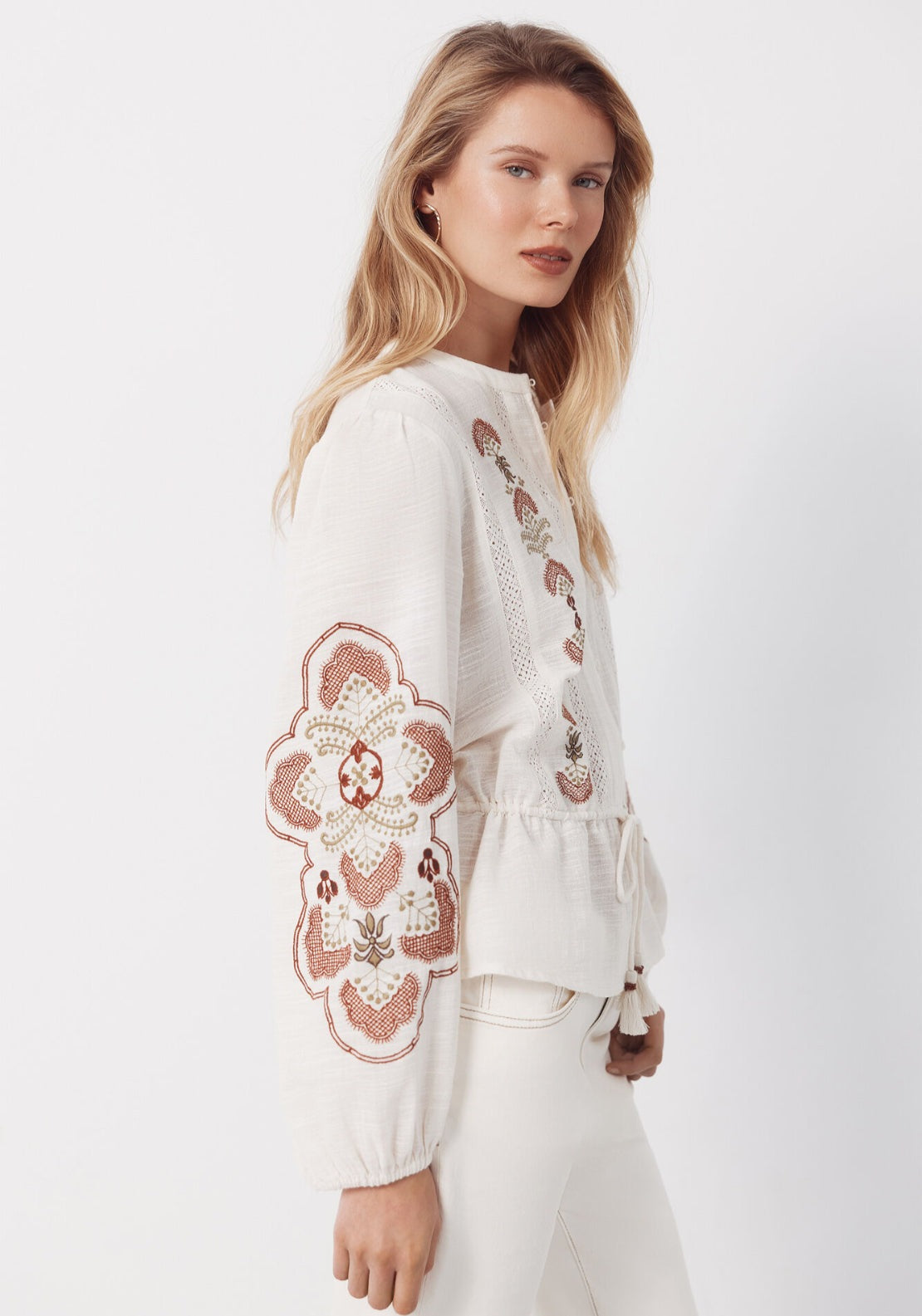 Embroidered Blouse With Adjustable Waist - Ivory