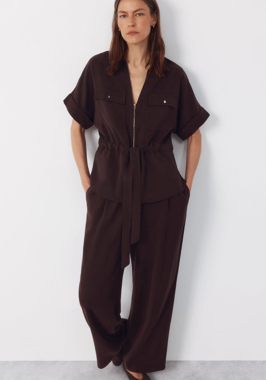 Cortefiel Cuffed Short Sleeve Belted Shirt - Light Brown 4 Shaws Department Stores
