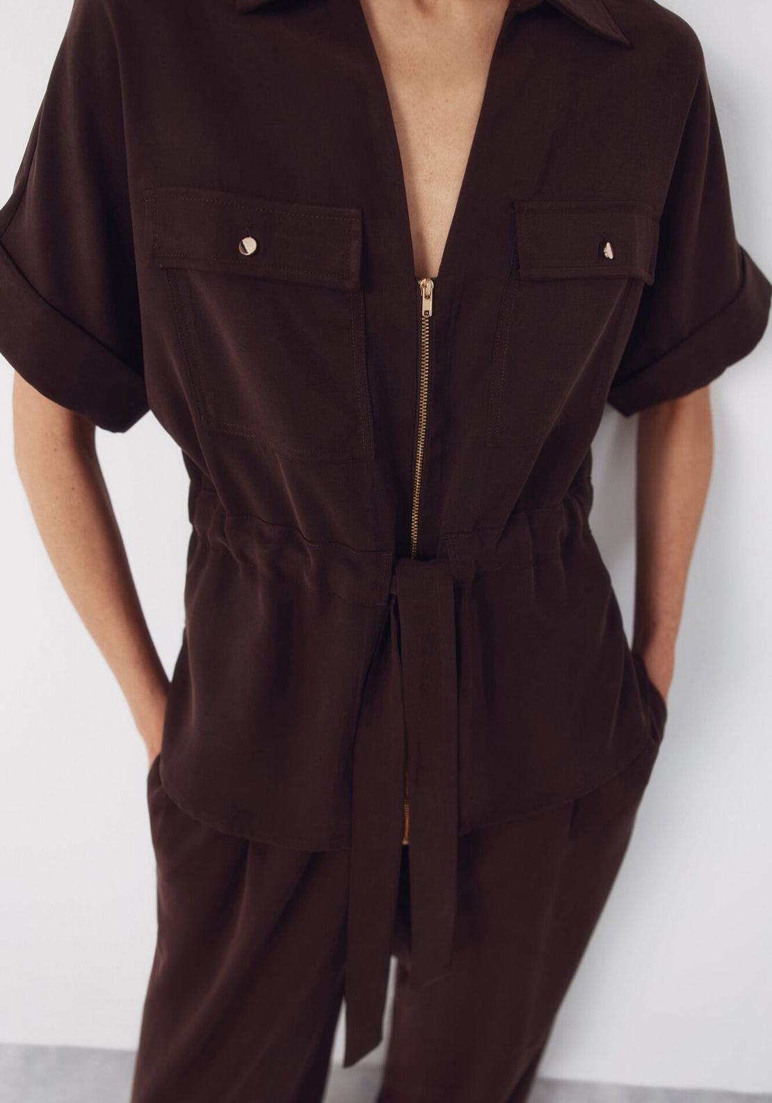Cortefiel Cuffed Short Sleeve Belted Shirt - Light Brown 5 Shaws Department Stores