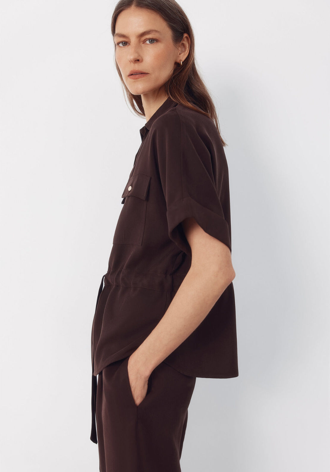 Cortefiel Cuffed Short Sleeve Belted Shirt - Light Brown 3 Shaws Department Stores