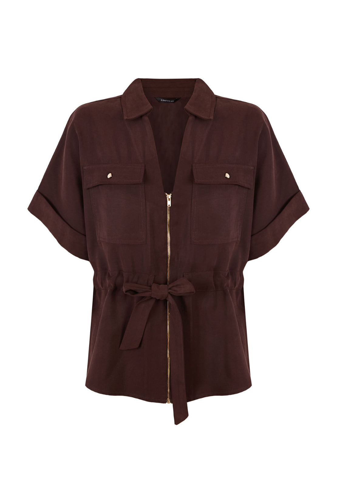 Cortefiel Cuffed Short Sleeve Belted Shirt - Light Brown 7 Shaws Department Stores