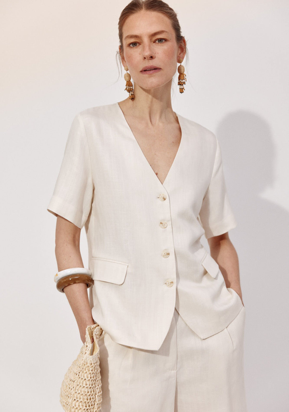 Cortefiel Short Sleeve Blazer - Cream 1 Shaws Department Stores