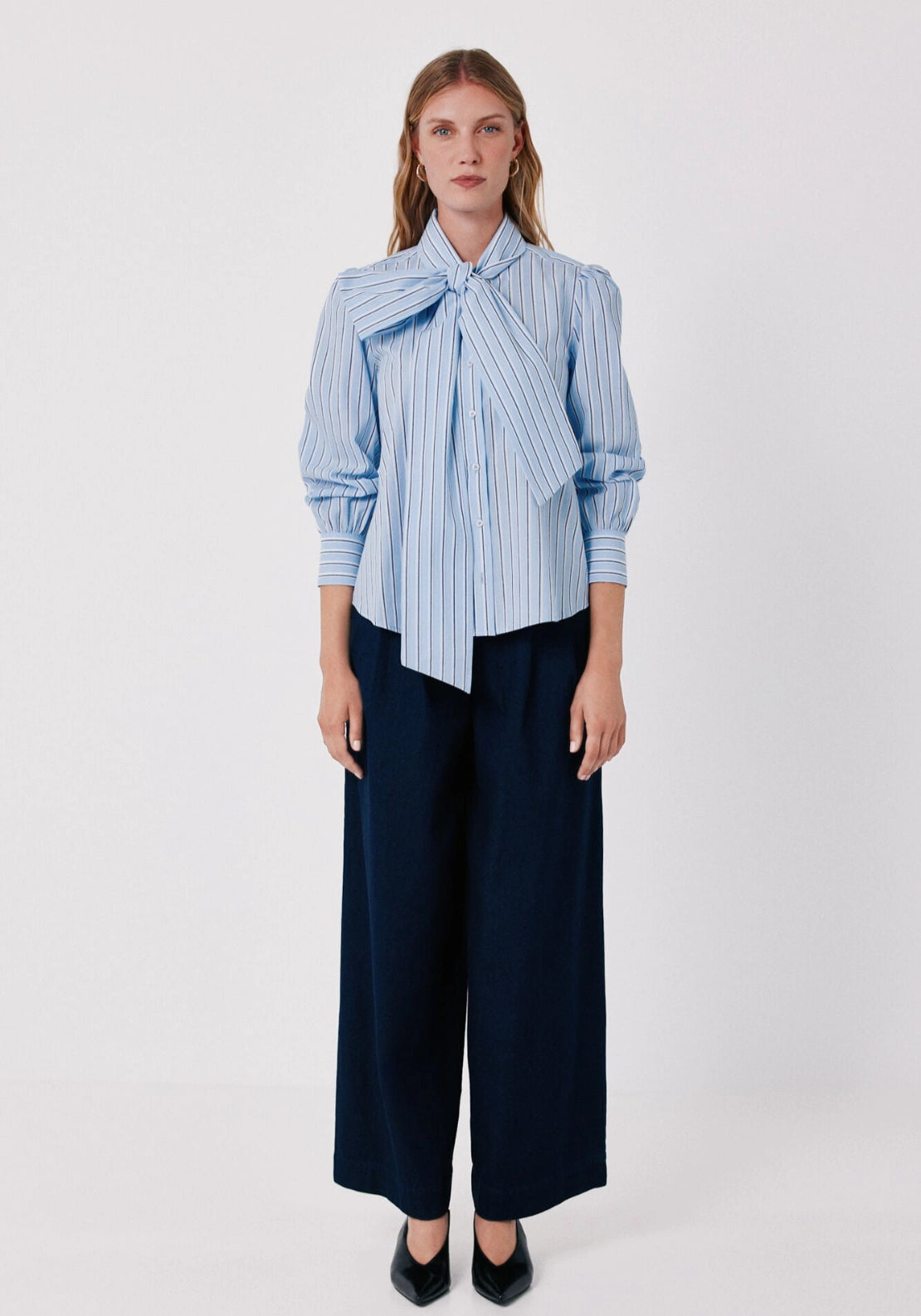 Striped Tie Blouse - Blue Print
