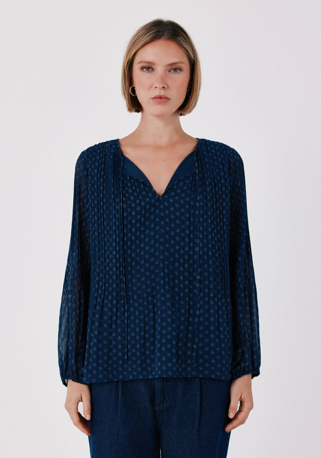 Print Pattern Loose Shirt With Tie Neck - Blue Print