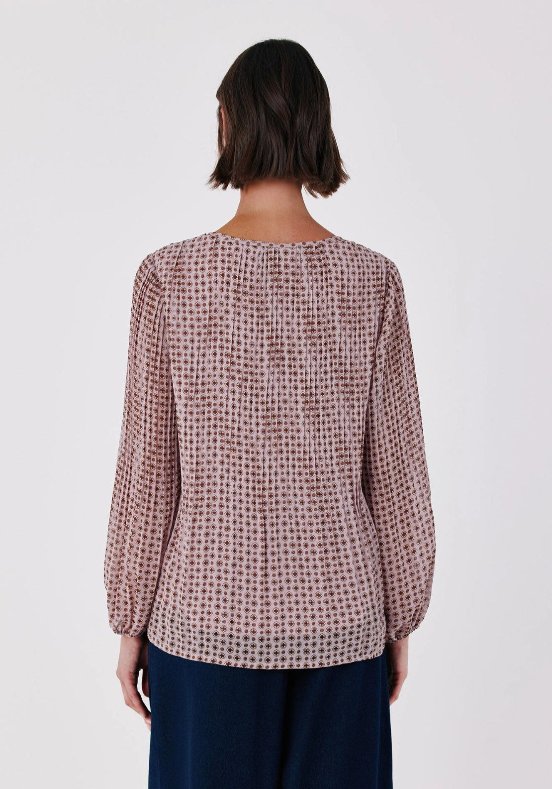 Print Pattern Loose Shirt With Tie Neck - Purple/lilac