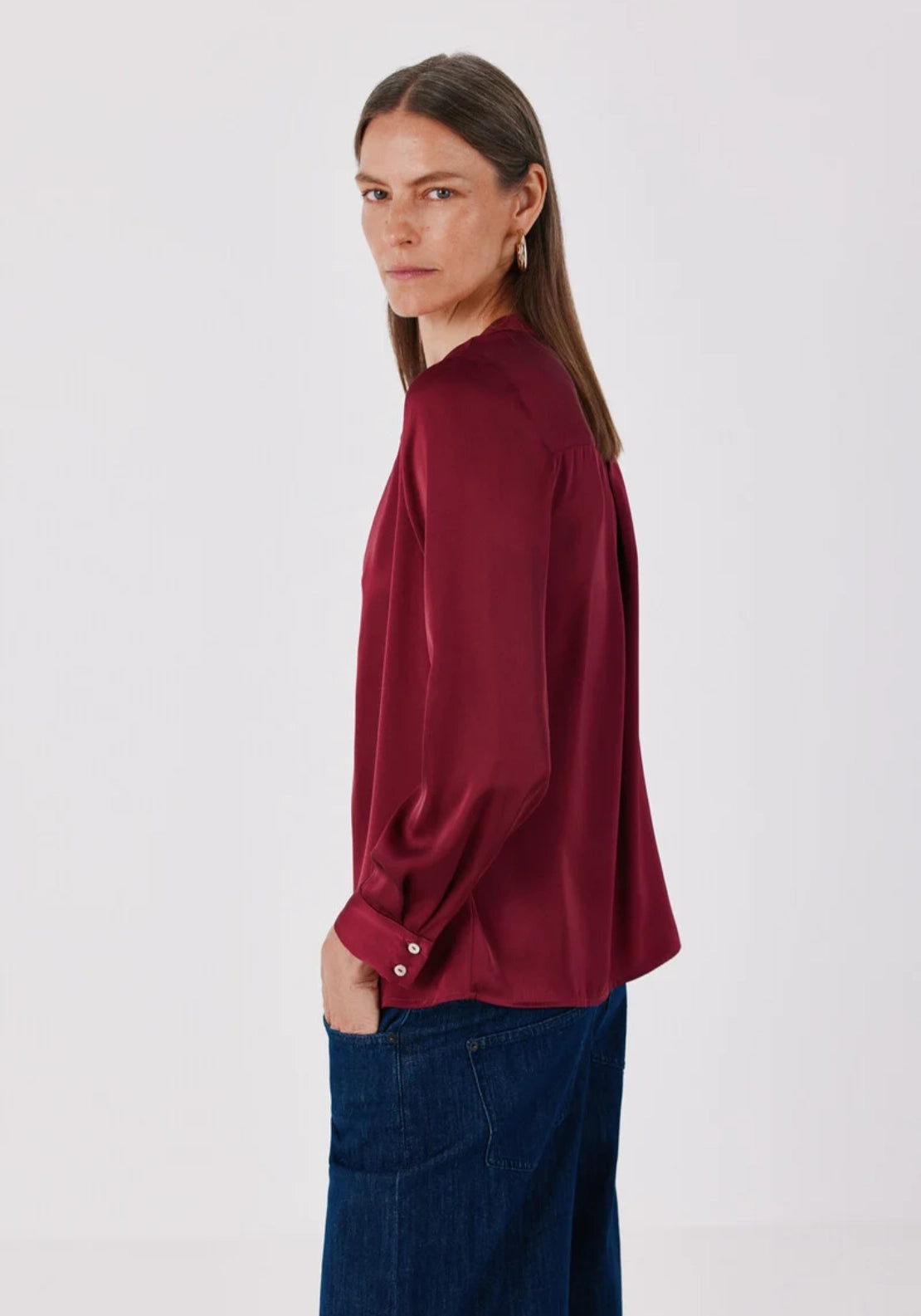 Satin-Finish Polo Shirt Blouse - Burgundy