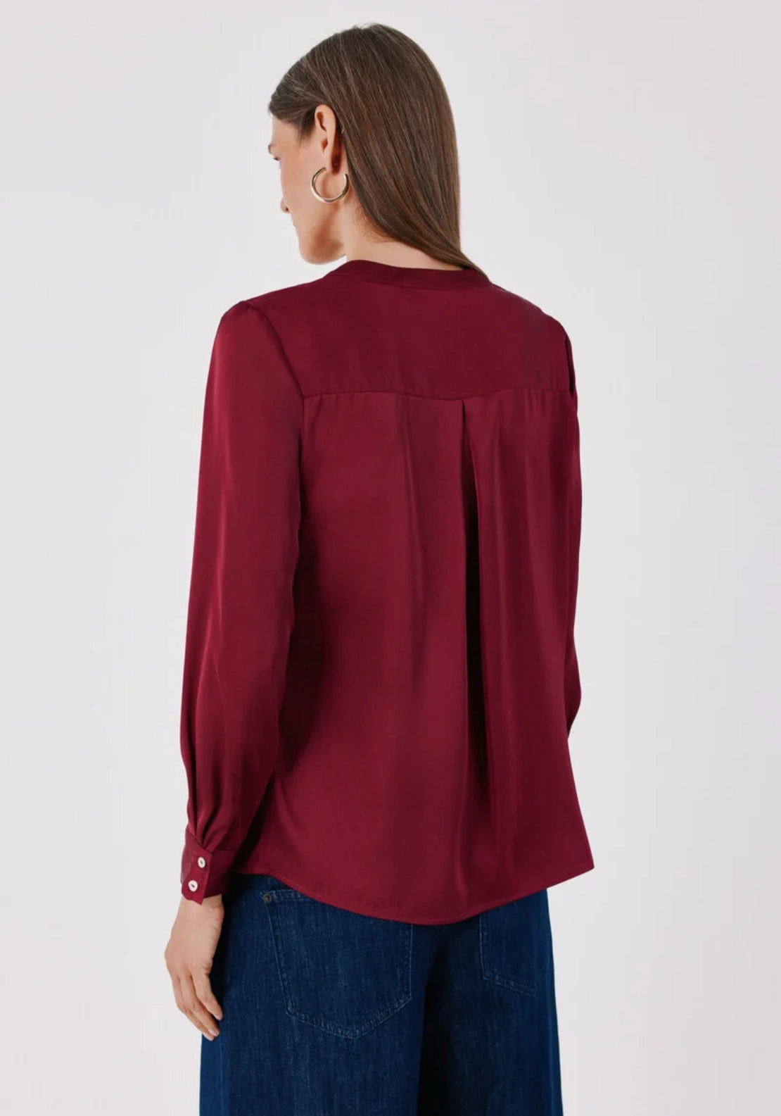 Satin-Finish Polo Shirt Blouse - Burgundy