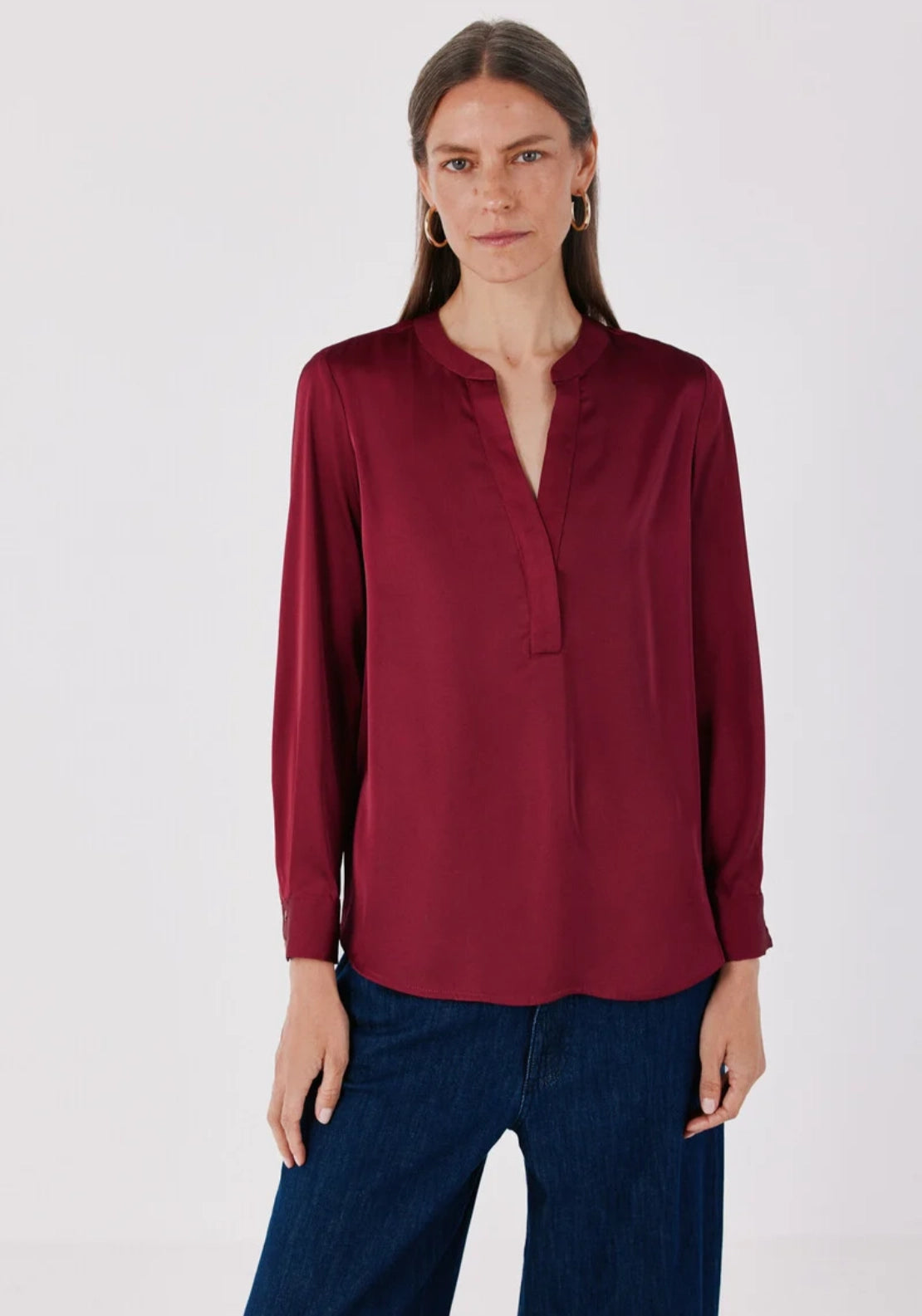 Satin-Finish Polo Shirt Blouse - Burgundy