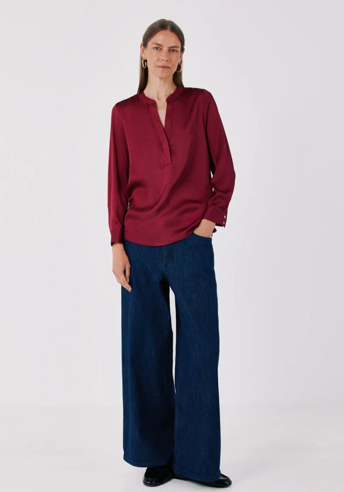 Satin-Finish Polo Shirt Blouse - Burgundy