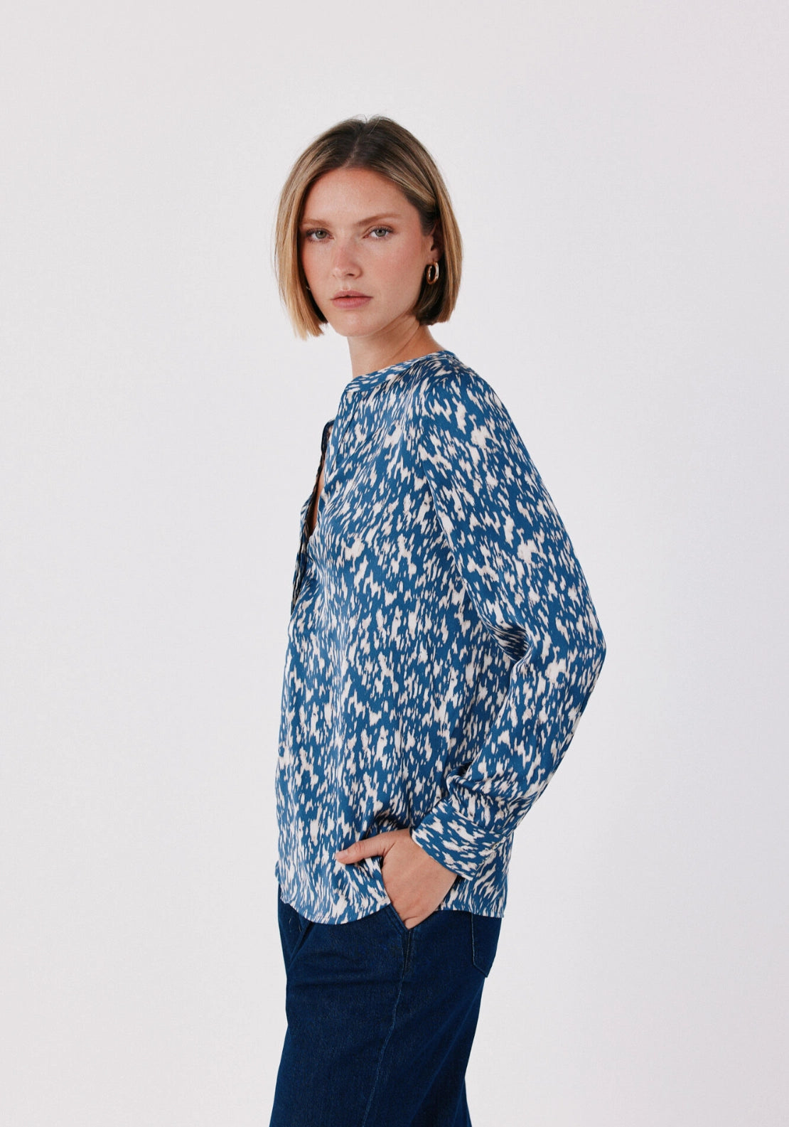 Satin-Finish Polo Shirt Blouse - Blue