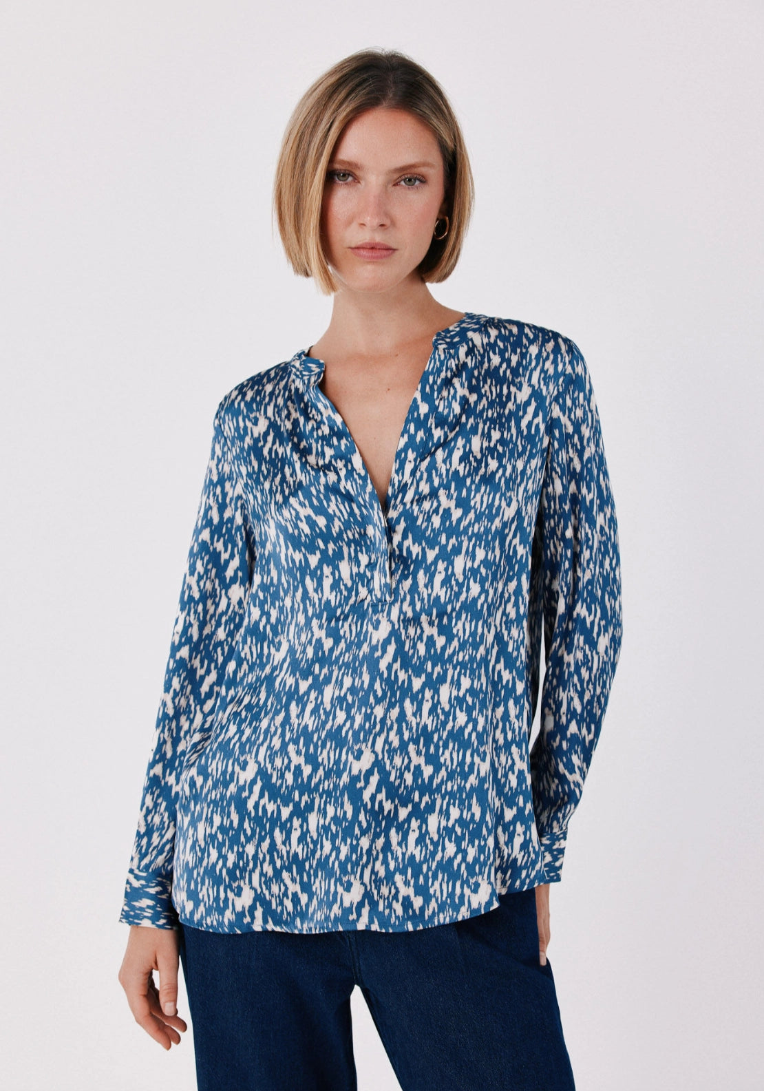 Satin-Finish Polo Shirt Blouse - Blue