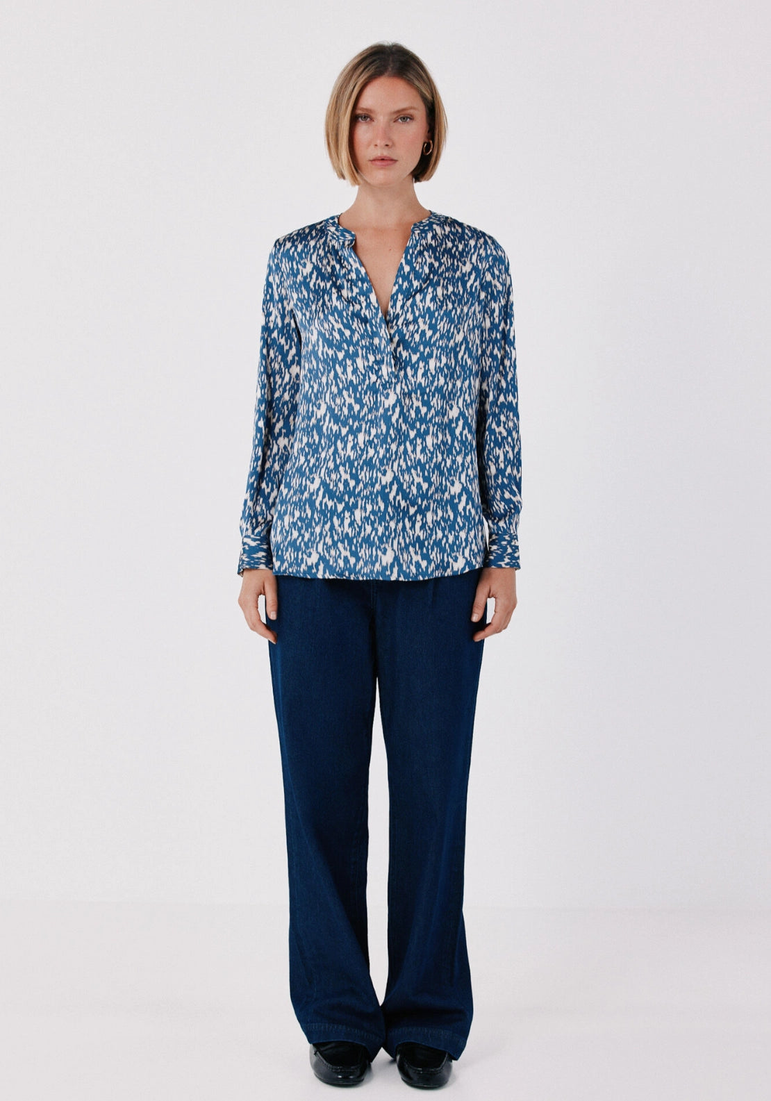 Satin-Finish Polo Shirt Blouse - Blue