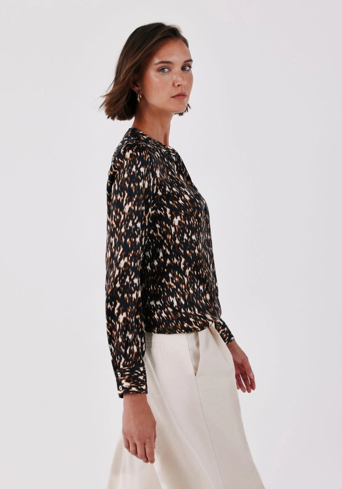 Satin-Finish Polo Shirt Blouse - Brown