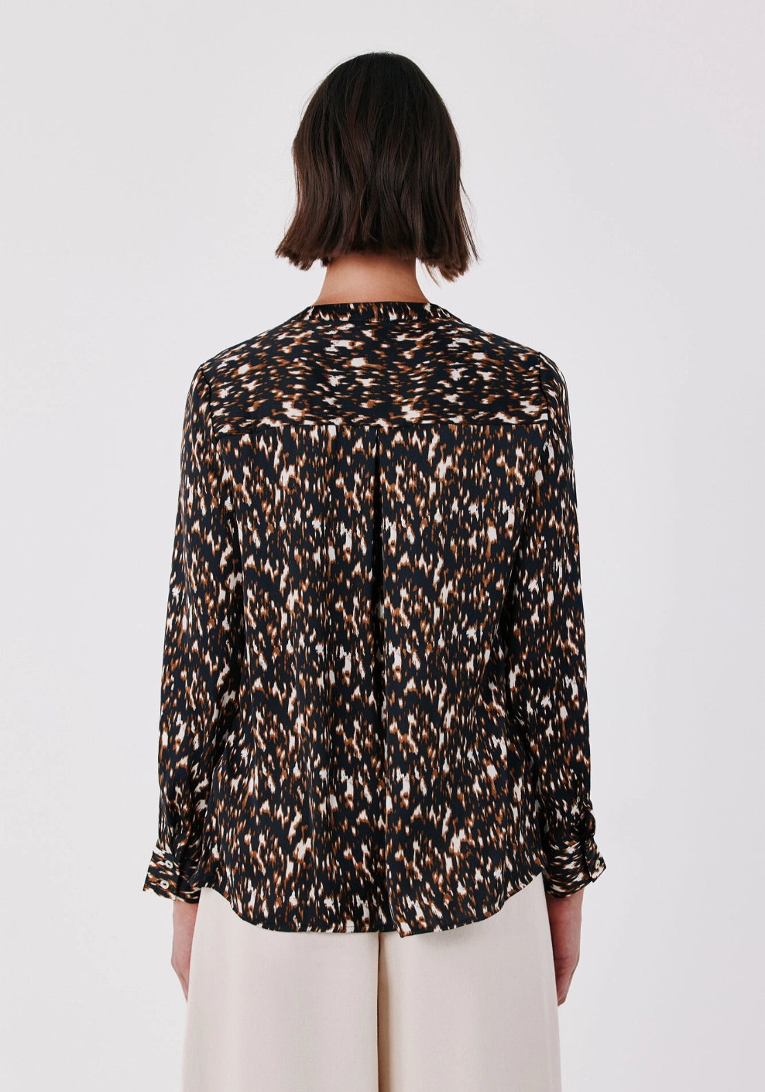 Satin-Finish Polo Shirt Blouse - Brown