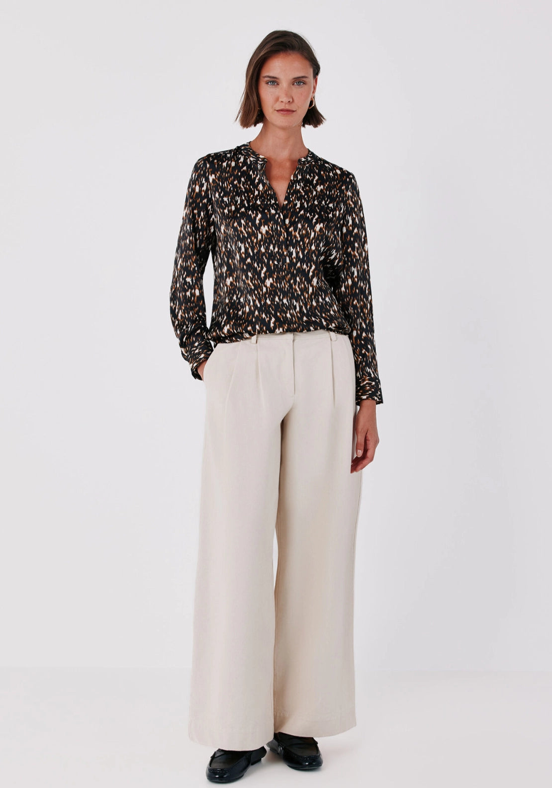 Satin-Finish Polo Shirt Blouse - Brown