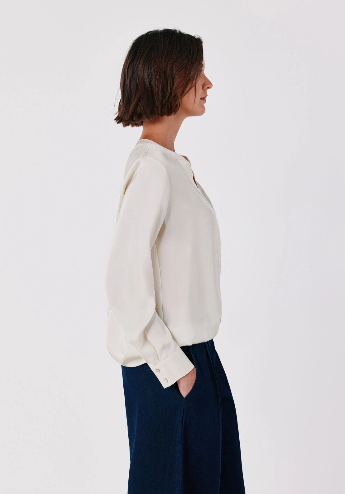 Satin-Finish Polo Shirt Blouse - Ivory