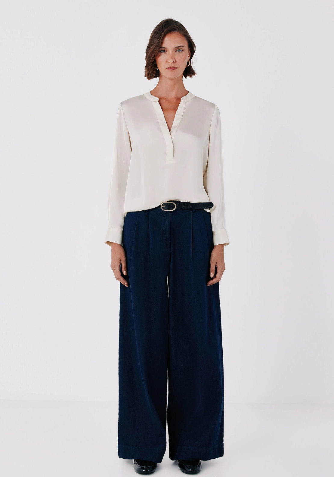 Satin-Finish Polo Shirt Blouse - Ivory