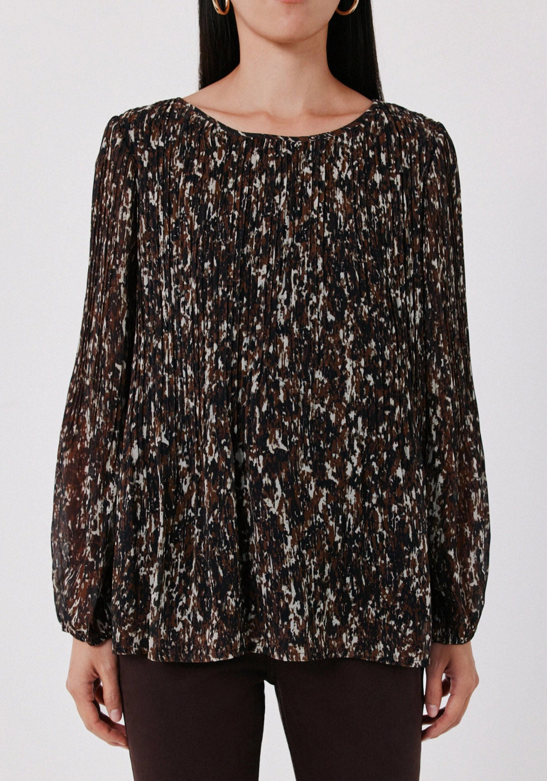 Pleated Long Sleeve Blouse - Brown Print