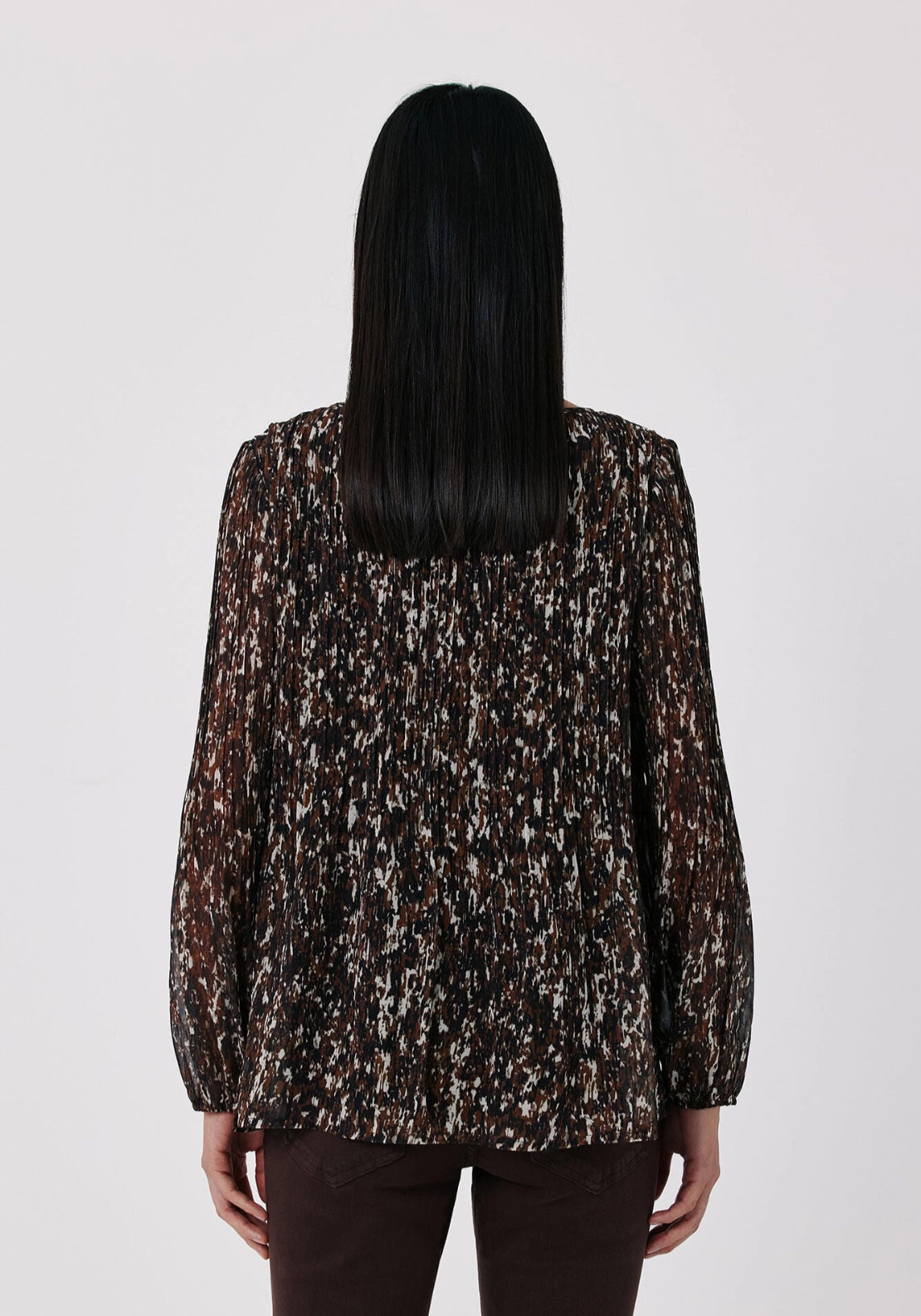 Pleated Long Sleeve Blouse - Brown Print