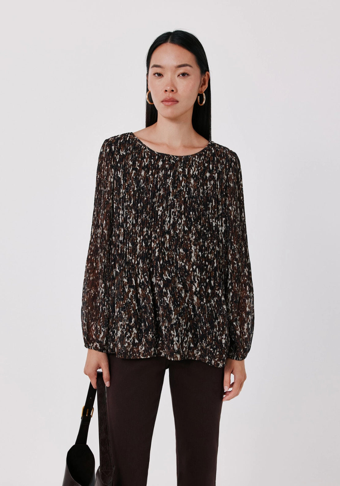 Pleated Long Sleeve Blouse - Brown Print