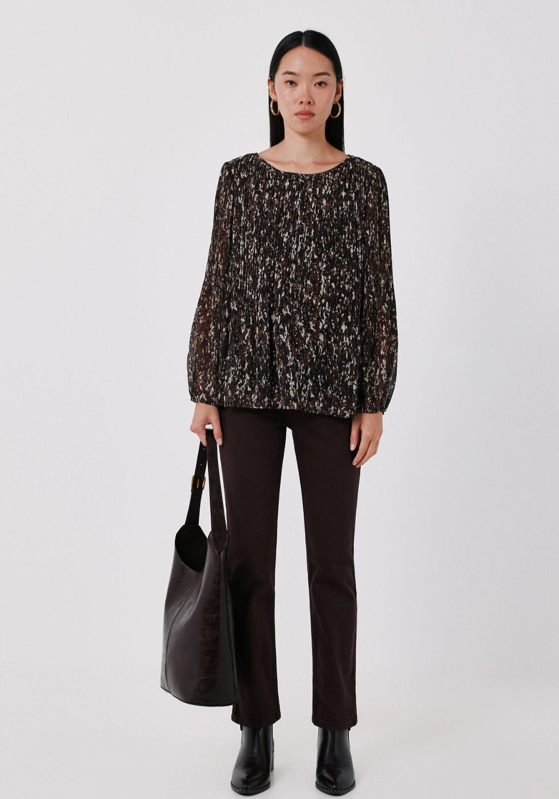 Pleated Long Sleeve Blouse - Brown Print