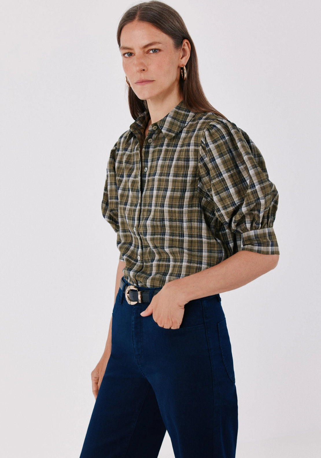 Checked Puff Sleeve Shirt - Green Print