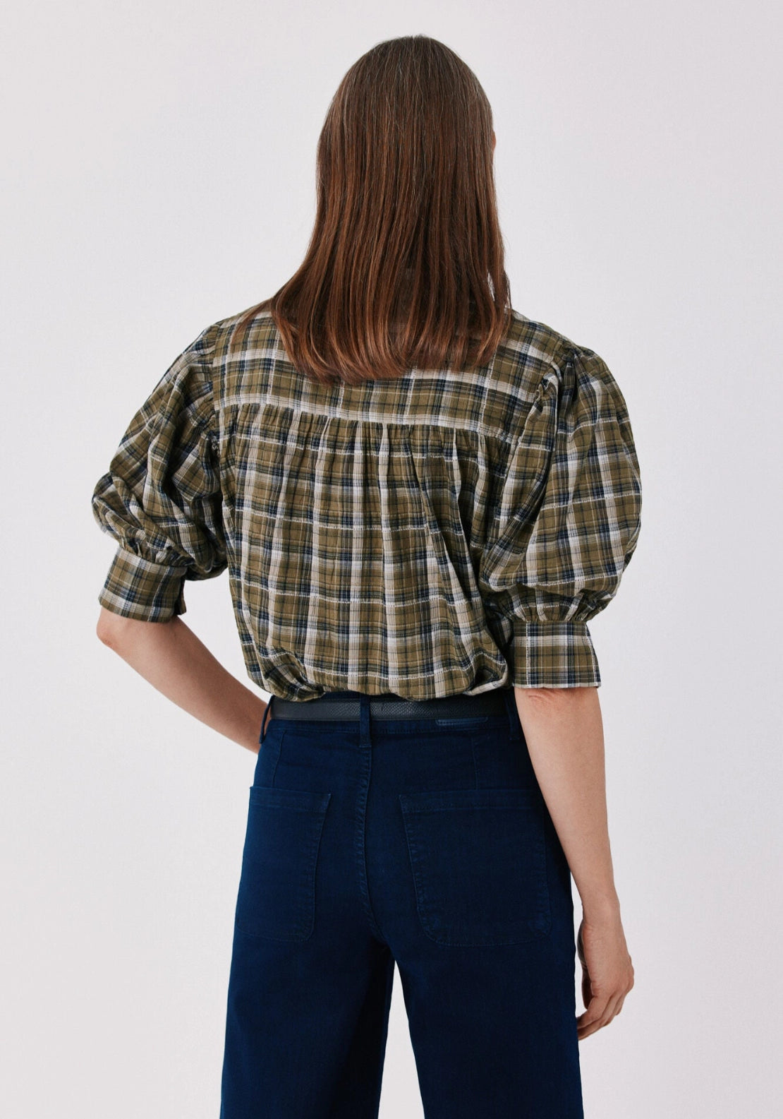 Checked Puff Sleeve Shirt - Green Print