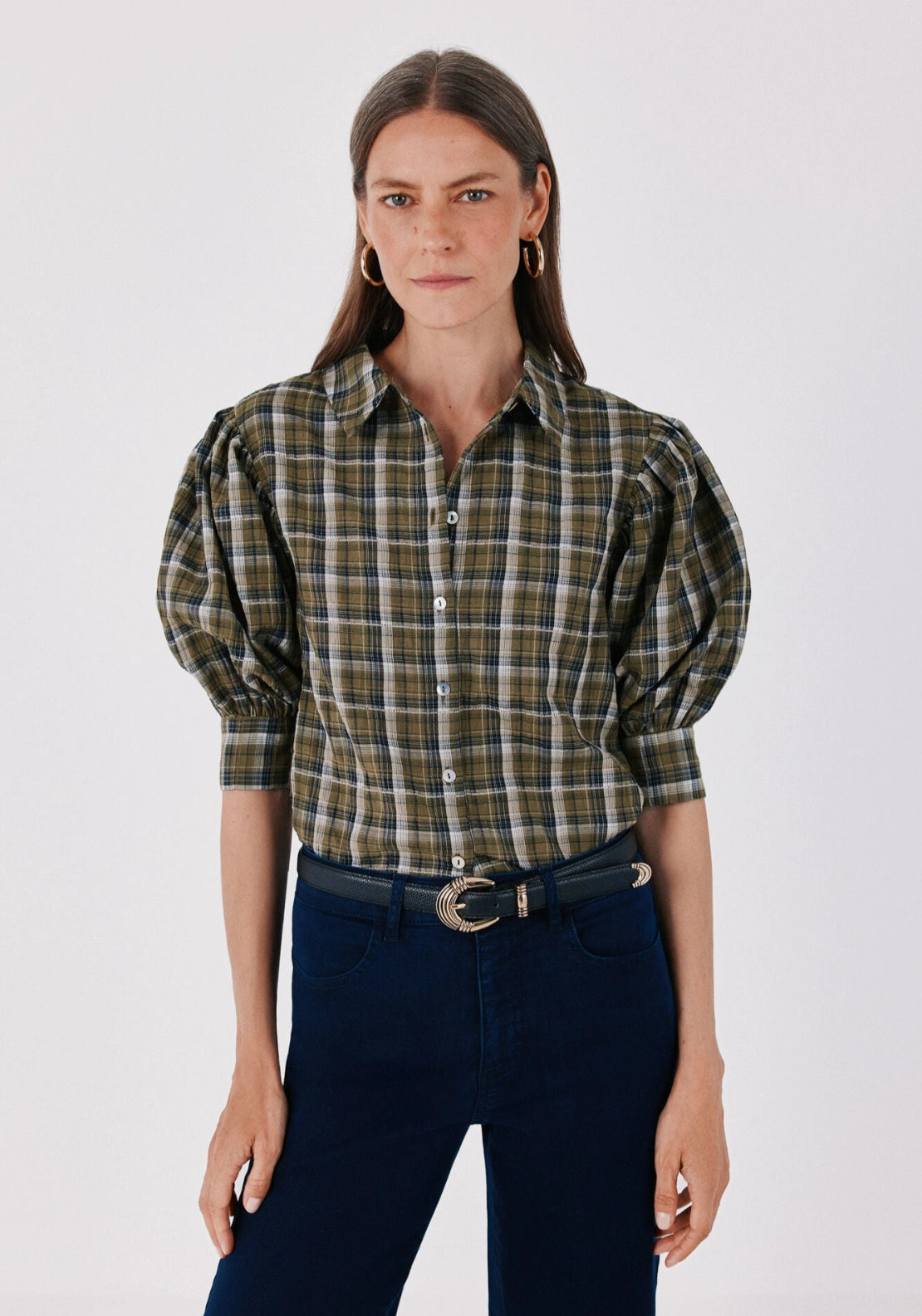 Checked Puff Sleeve Shirt - Green Print