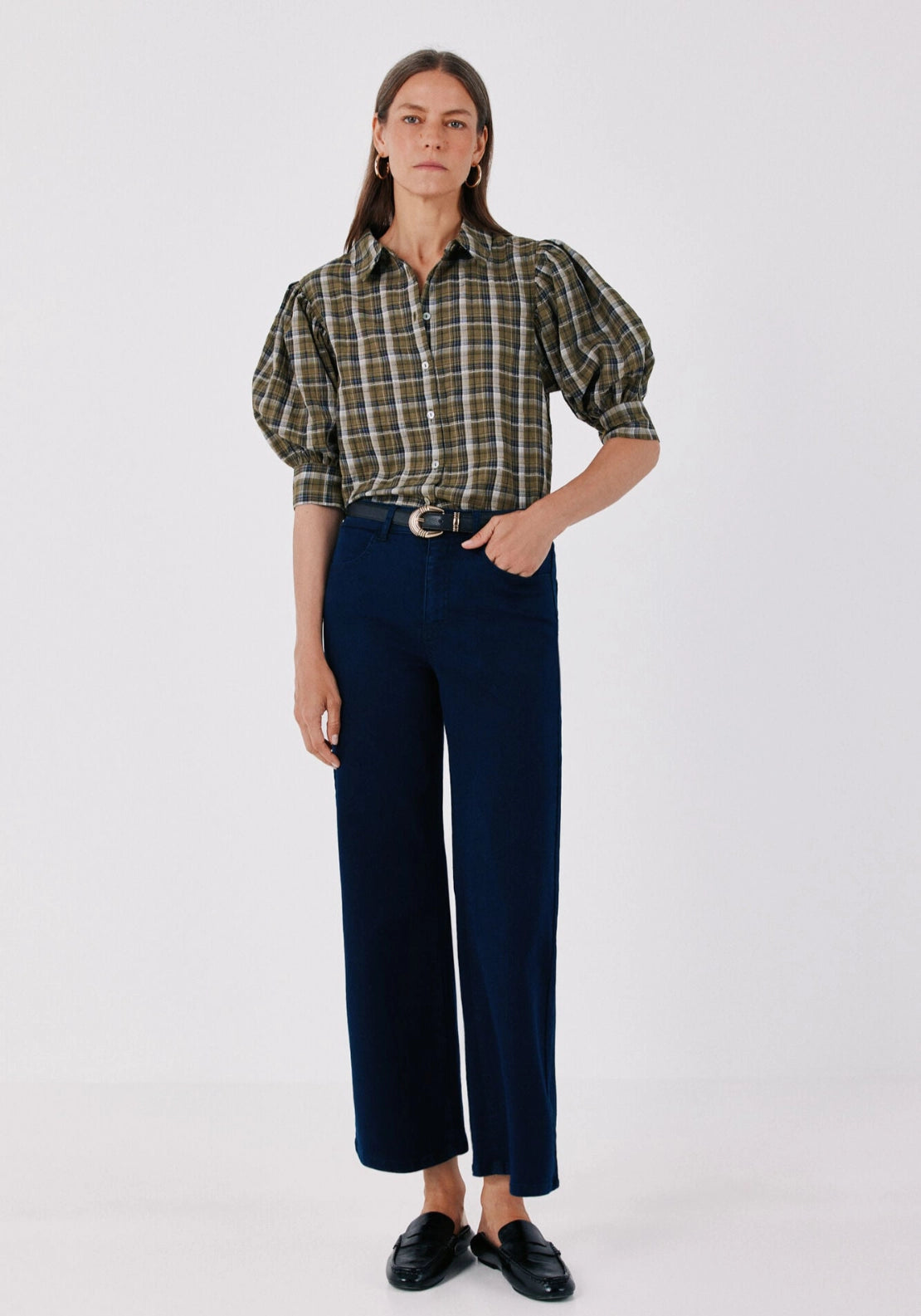 Checked Puff Sleeve Shirt - Green Print