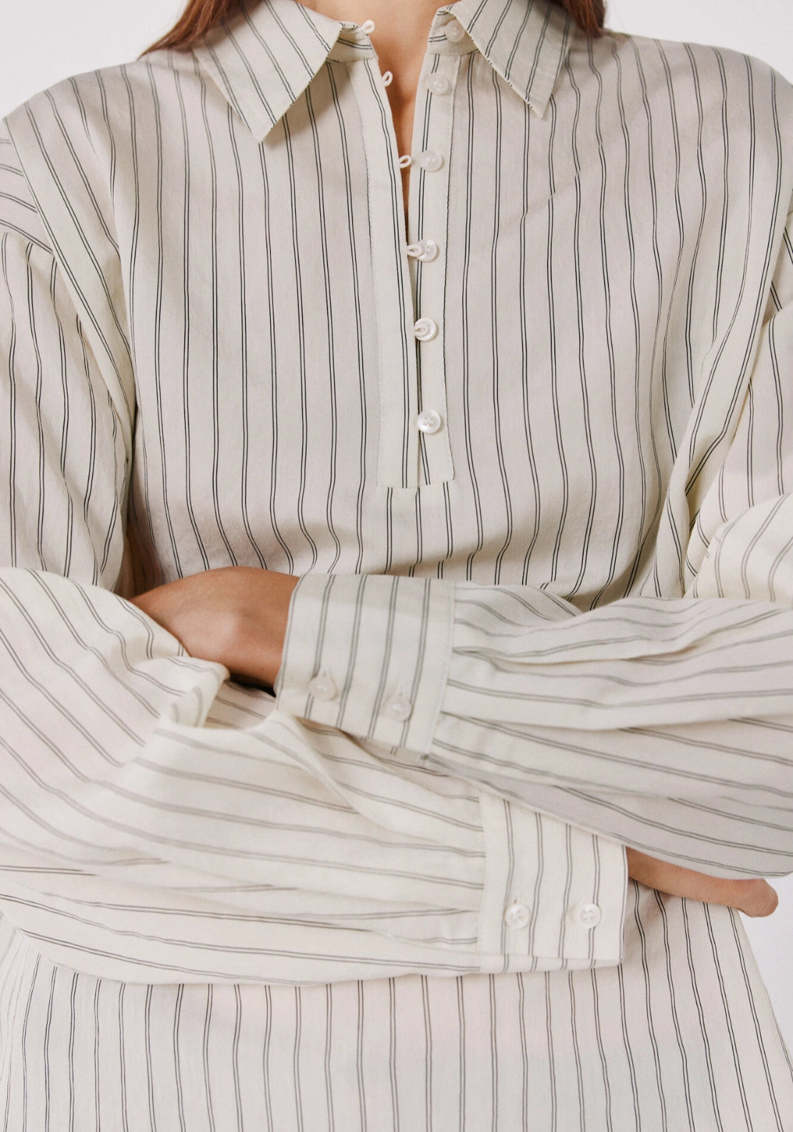 Striped Henley Fluid Shirt - White Print