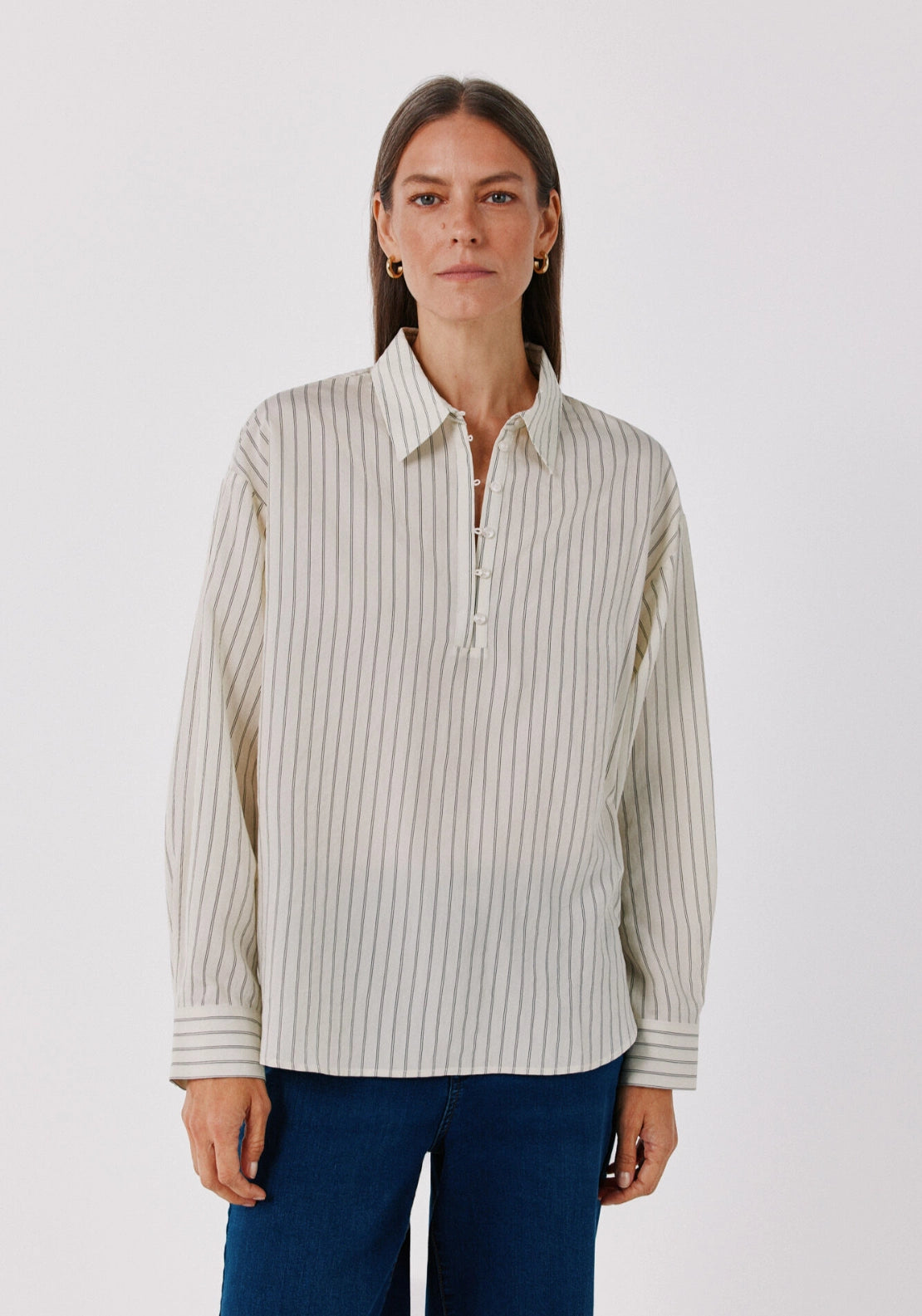 Striped Henley Fluid Shirt - White Print