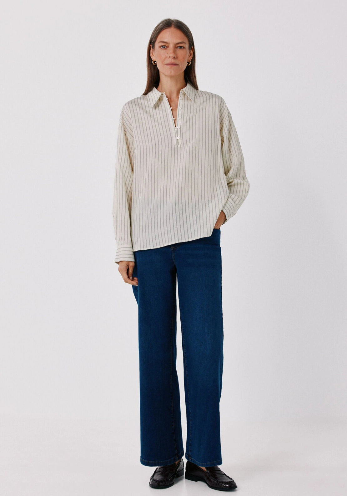 Striped Henley Fluid Shirt - White Print